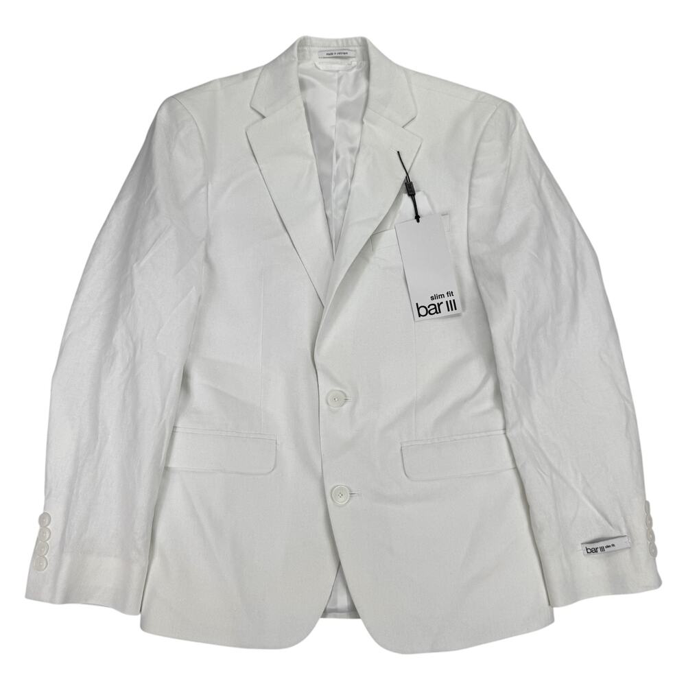 Bar III Mens Slim Fit Linen Cotton Solid Suit Jacket White 36S